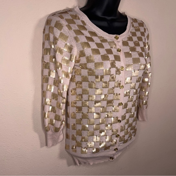 XS French Connection Silk Linen Blend Gold Sequined Cardigan Sweater 3/4 Sleeve - Picture 3 of 14